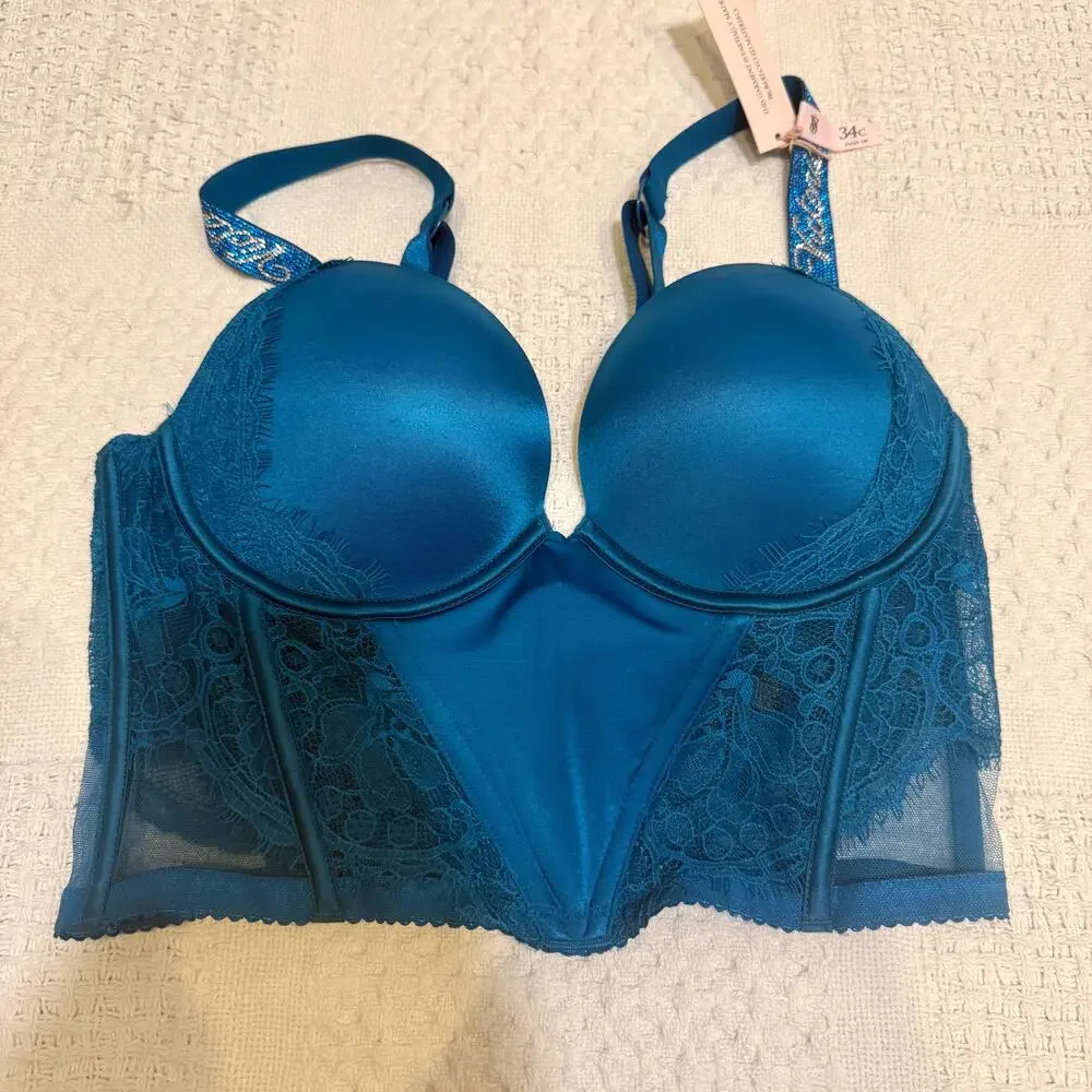 NWT Victoria’s Secret 34C rhinestone strap lace push up corset BC3 3305
